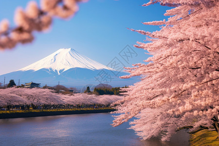 富士山下美丽的樱花园背景图片