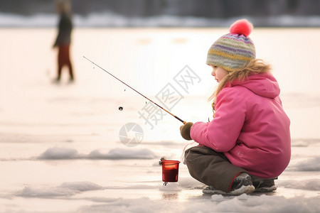 冬季湖上垂钓的女孩图片
