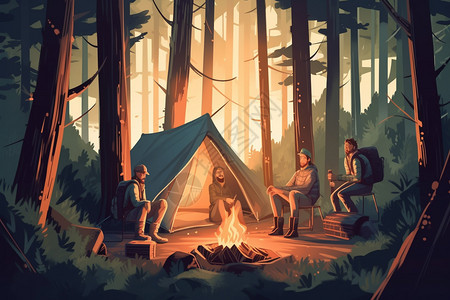 户外露营的朋友平面插图背景图片