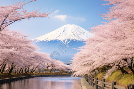 东京风景富士山下盛开的樱花景观背景