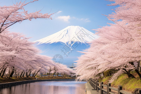 富士山下盛开的樱花景观背景图片