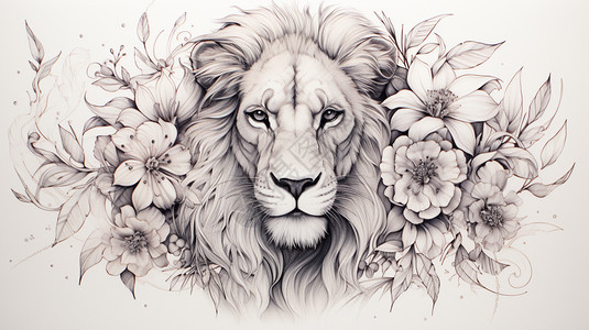 手绘素描狮子和花背景图片