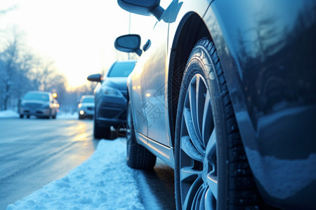 冬天结冰路面上驾驶的汽车背景图片