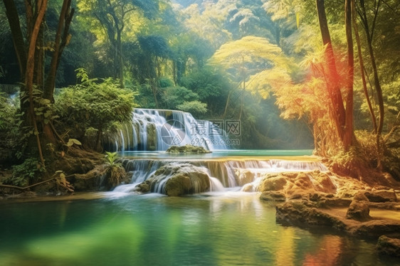 夏天丛林瀑布的美丽景观图片
