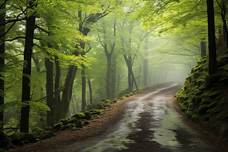 潮湿的森林道路景观图片