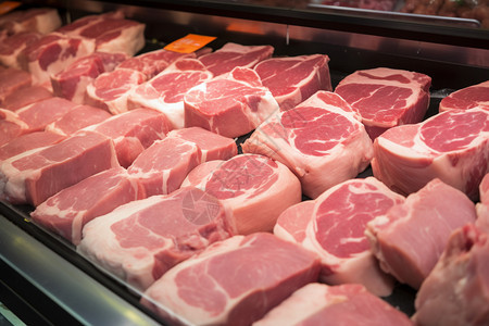 市场冰柜中冷藏的新鲜猪肉图片