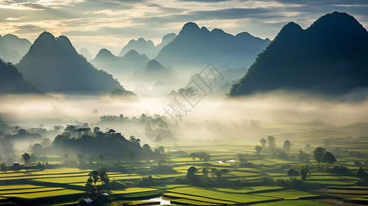 迷雾笼罩的稻田图片