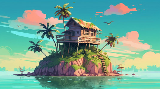 海中岛屿上孤独的木屋图片