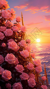 夕阳下的粉红玫瑰海图片