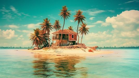 海中孤岛上的小木屋图片