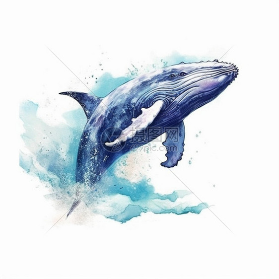 跃出海面的鲸鱼水彩插画图片