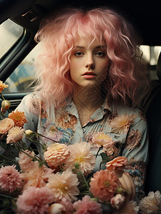 粉色头发女孩与装满鲜花的车图片