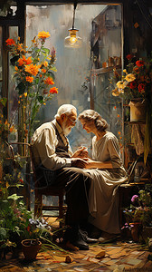 花房中幸福的老年夫妇图片