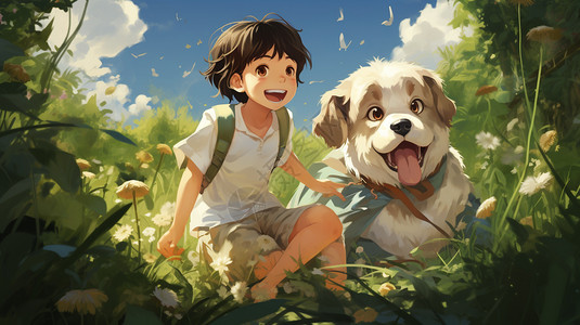 草地上开心的孩子和小狗图片