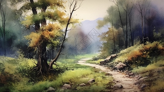 水彩风林间小路插画背景图片