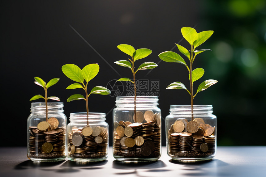 金融增长概念硬币和绿植图片