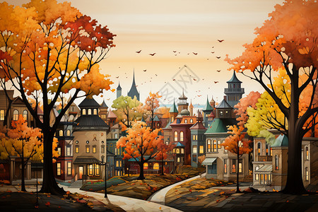 迷人的秋天色彩的小镇背景图片