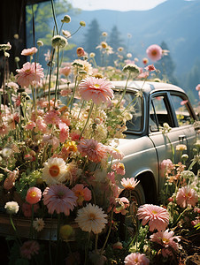 山中开满鲜花的轿车图片