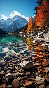 秋天阿尔卑斯山下湖泊景观图片