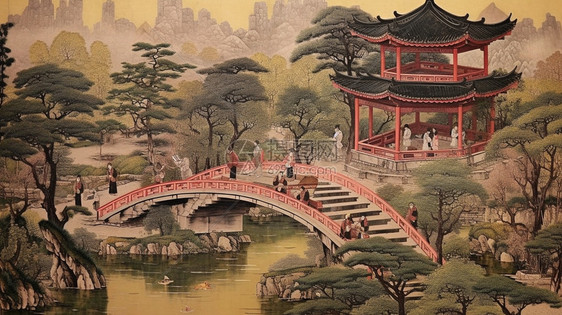 古代中国风庭院的水墨画图片