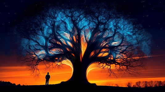 落日时智慧树下的男人背景图片