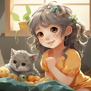 可爱的小女孩和猫咪油画插图图片