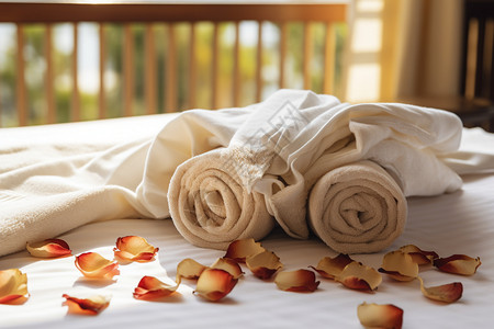 卧室浪漫的花瓣和毛巾图片