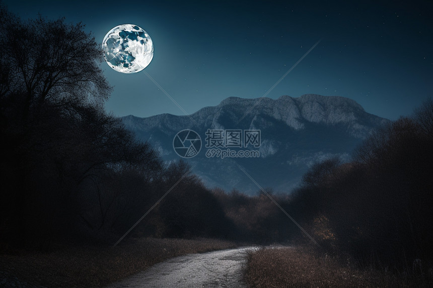 夜晚的山脉和月亮图片