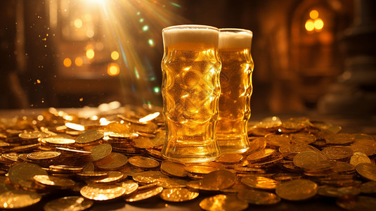 啤酒和金币四处散落图片