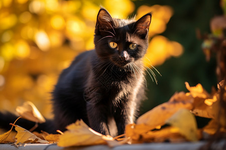 落叶堆上的猫咪图片