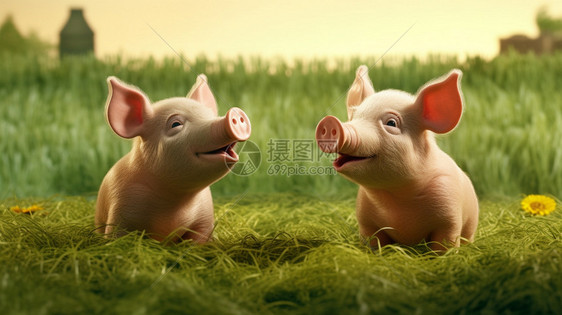 两头猪在草地上图片