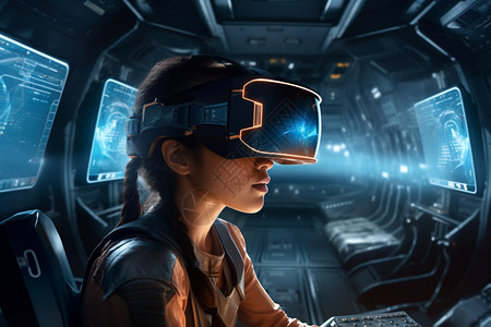 飞行员视角戴着VR眼镜的女人背景