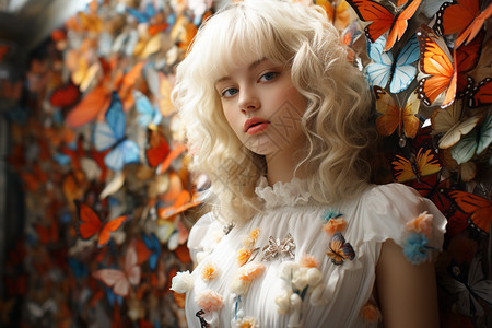 蝴蝶墙壁前的白发女孩图片