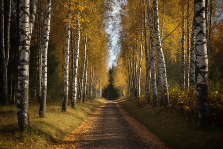 道路两旁的桦树背景图片