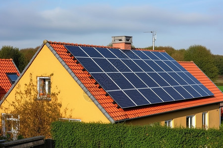 太阳能房子屋顶的太阳能电池板背景