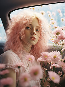 艺术感汽车中的鲜花和美女图片
