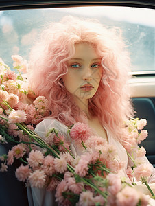 汽车中被鲜花包围的梦幻女人图片