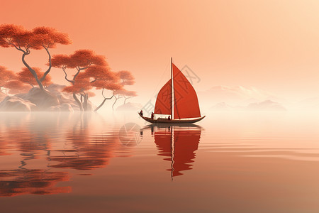 宁静湖泊中的孤独船只图片
