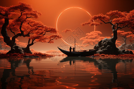 日落时分湖面上的小船图片