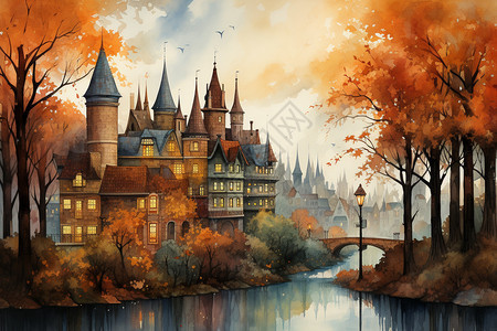 迷人的秋色城市背景图片