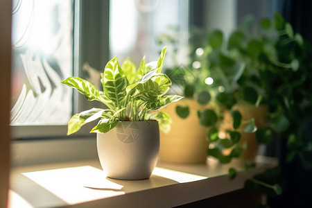窗台植物沐浴着阳光的盆栽背景