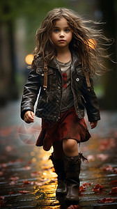 秋天城市街道上的小女孩图片