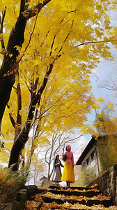 秋天乡村街道上的游客图片