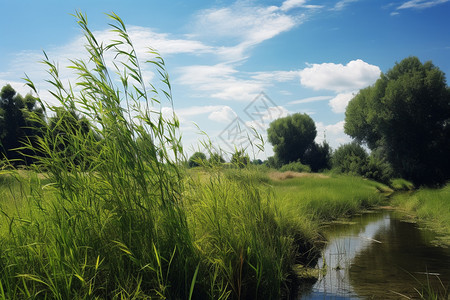 夏天农村河套的美丽景观图片