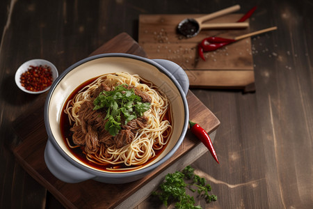 新鲜烹饪的麻辣红烧牛肉面图片