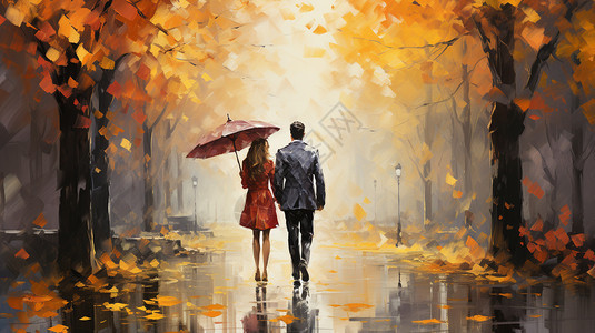 秋天雨后城市街头散步的情侣图片