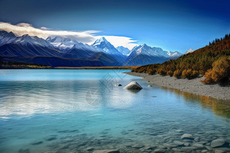 雪山下蔚蓝的湖泊景观图片