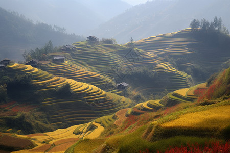 秋季山谷梯田的美丽景观图片