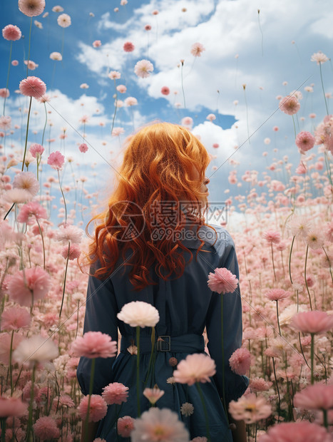 粉色花卉世界的少女背影图片