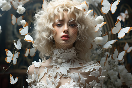 白色蝴蝶和女孩图片